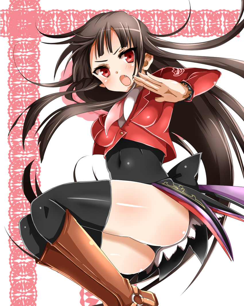 black_hair black_legwear blush boots chaba_(cyazuke) covered_navel fang fighting_stance highres leotard long_hair lucifer necktie open_mouth pink_neckwear red_eyes skirt solo stakes_of_purgatory thighhighs umineko_no_naku_koro_ni