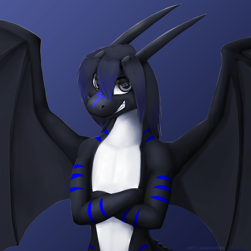 anthro black_dragon dragon hair horn invalid_color jamesfoxbr looking_at_viewer male nude plain_background smile solo standing teeth wings