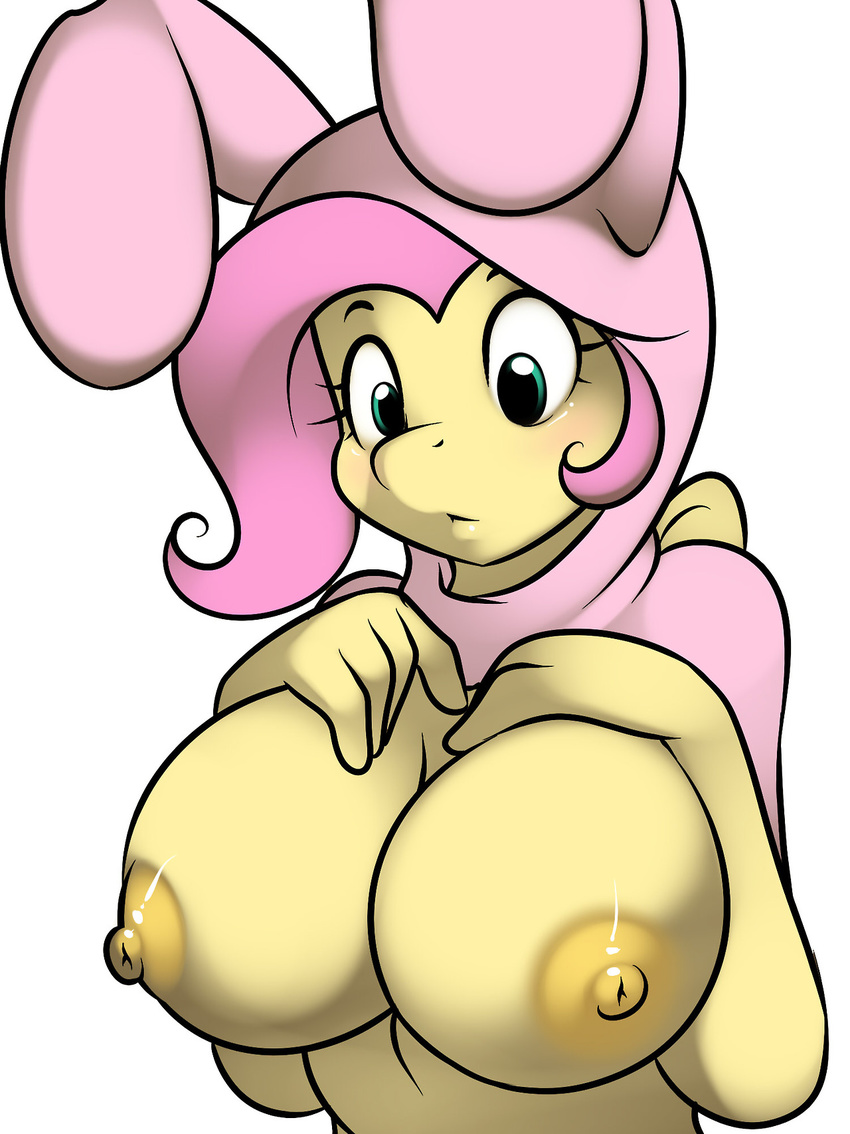 anthro anthrofied big_breasts blue_eyes breasts bunny_costume equine female fluttershy_(mlp) friendship_is_magic hair horse kloudmutt mammal my_little_pony nipples pegasus pink_hair plain_background pony solo wings