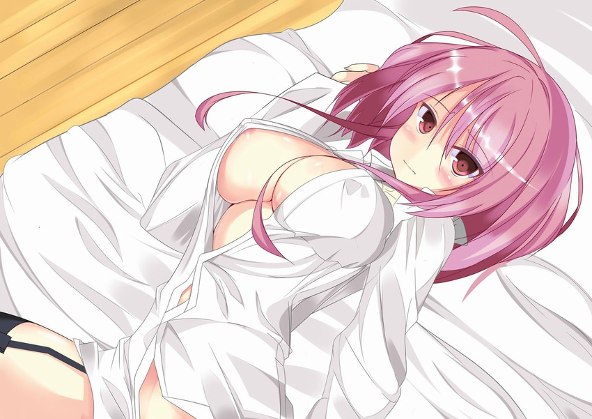 ahhien areolae bad_id bad_pixiv_id bed_sheet black_legwear blush breasts garter_straps large_breasts long_hair looking_at_viewer original purple_eyes purple_hair shirt solo thighhighs unbuttoned white_shirt wooden_floor