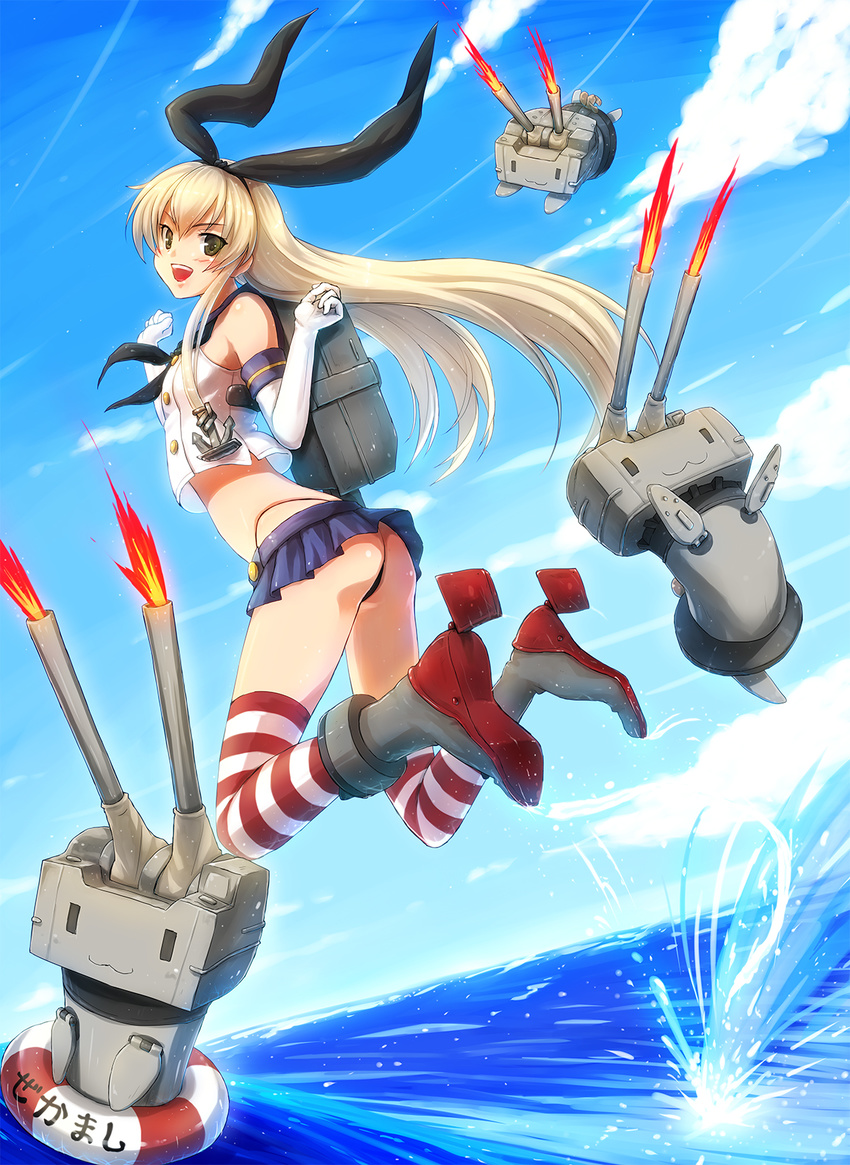 :3 anchor blonde_hair brown_eyes cloud condensation_trail day elbow_gloves eri_(resia) gloves hair_ornament hair_ribbon highres innertube kantai_collection long_hair machinery microskirt midriff navel ocean panties rensouhou-chan ribbon shimakaze_(kantai_collection) skirt sky smile solo striped striped_legwear thighhighs turret underwear waves