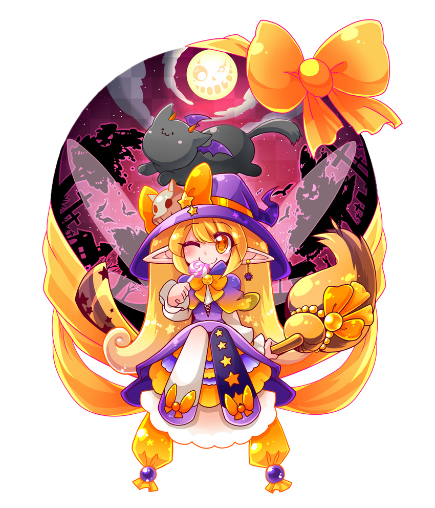 1girl blonde_hair broom broom_riding candy cat dress fairy fairy_wings halloween hat highres horns lollipop long_hair mogura_(susutake) original pointy_ears ribbon smile solo transparent_background wings wink witch witch_hat