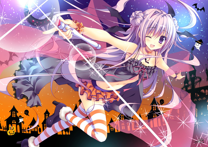 ;d bad_id bad_pixiv_id halloween highres long_hair nail_polish nanaroba_hana navel one_eye_closed open_mouth original outstretched_arms purple_eyes purple_hair skirt smile solo sparkle striped striped_legwear thighhighs wand