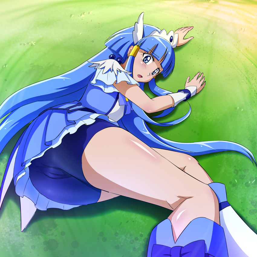 aoki_reika bad_id bad_pixiv_id bike_shorts blue_dress blue_eyes blue_hair boots cameltoe choker cure_beauty dress earrings embarrassed hair_ornament hair_tubes highres jewelry knee_boots kneehighs long_hair looking_at_viewer lying magical_girl mont_blanc_(heartcatch_ayaya) open_mouth precure ribbon shorts shorts_under_skirt smile_precure! solo wrist_cuffs