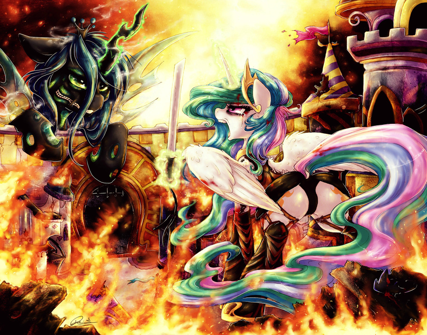 absurd_res black_body blood blue_hair building changeling cutie_mark dimwitdog duo equine female feral friendship_is_magic fur green_eyes hair hi_res horn horse magic mammal multi-colored_hair my_little_pony pony princess_celestia_(mlp) purple_eyes queen_chrysalis_(mlp) solo sword tears weapon white_fur winged_unicorn wings