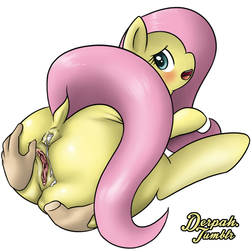 2013 anus blush butt cum cum_in_ass cum_inside derpah disembodied_hand equine female fluttershy_(mlp) friendship_is_magic green_eyes hair hands horse long_hair my_little_pony open_mouth pink_hair plain_background pony pussy white_background yellow_fur
