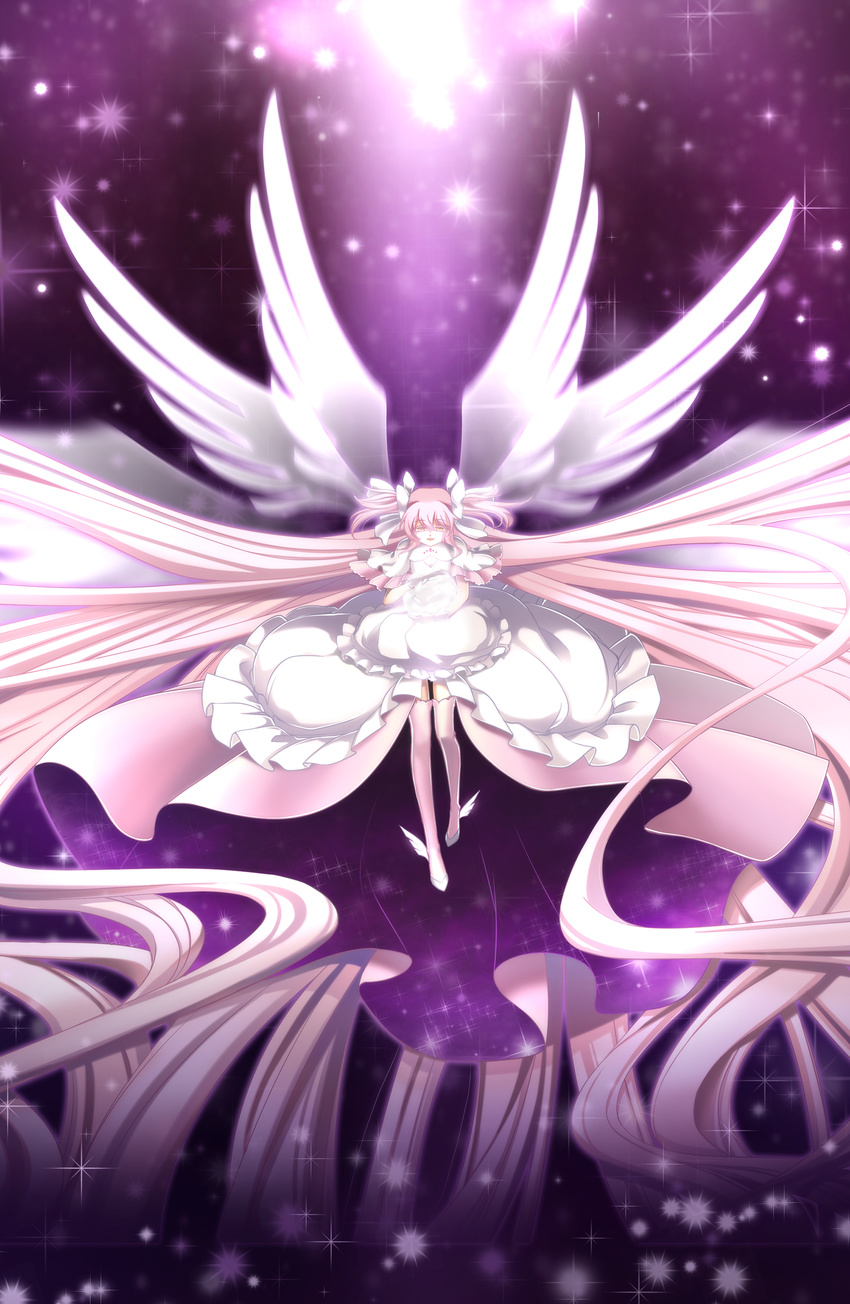 absurdres ankle_wings bad_id bad_pixiv_id boots bow colored_eyelashes dress full_body hair_bow highres kaname_madoka light_particles long_hair magic magical_girl mahou_shoujo_madoka_magica neillin pink_footwear pink_hair pink_legwear purple_background shawl shoes smile solo spoilers thigh_boots thighhighs two_side_up ultimate_madoka white_dress wings yellow_eyes