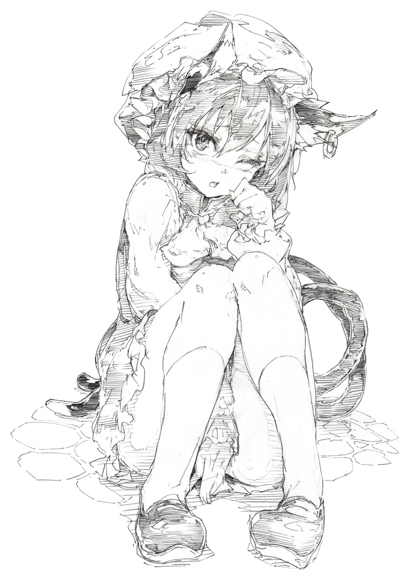 animal_ears between_legs bow cat_ears cat_tail chen colored_pencil_(medium) covering covering_crotch dress earrings greyscale hand_between_legs hat highres jewelry long_sleeves looking_at_viewer mob_cap monochrome multiple_tails nekomata one_eye_closed open_mouth oshake pigeon-toed shirt single_earring sitting solo tail touhou traditional_media