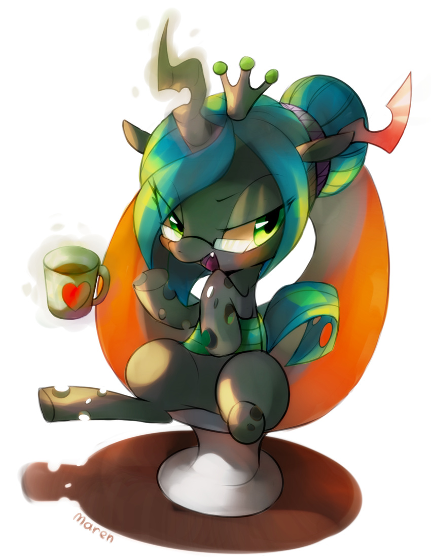 black_body chair changeling crown cup equine eyewear fangs female feral friendship_is_magic fur glasses glowing green_eyes green_hair hair horn long_hair looking_back magic mammal marenlicious mug my_little_pony open_mouth queen_chrysalis_(mlp) sitting smile solo spread_legs spreading tongue winged_unicorn wings