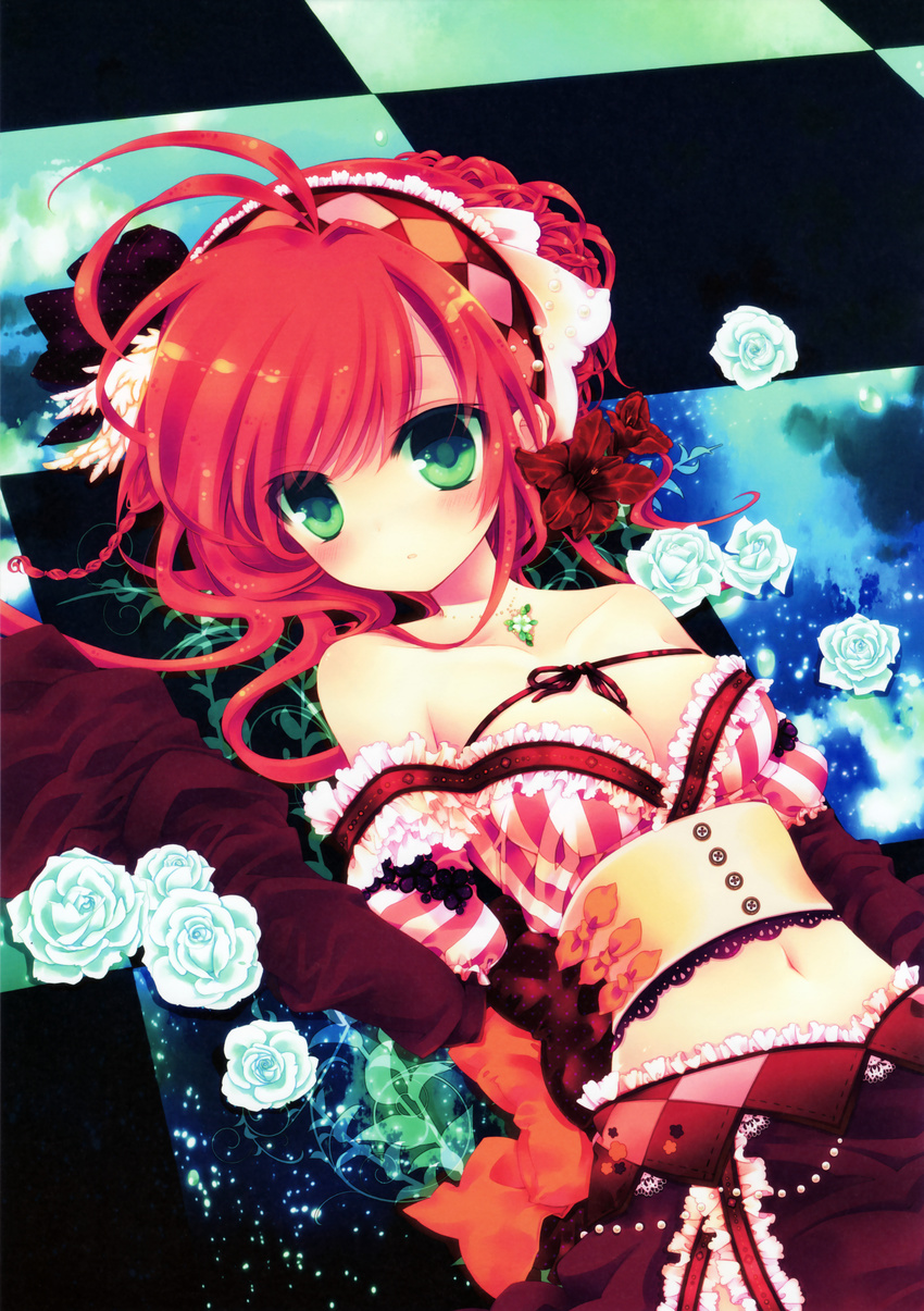 :o absurdres bare_shoulders blush braid breasts checkered checkered_floor cleavage collarbone flower frills green_eyes hair_flower hair_ornament headdress highres jewelry konno_kengo long_hair looking_at_viewer lying medium_breasts navel necklace on_back open_mouth original red_hair solo