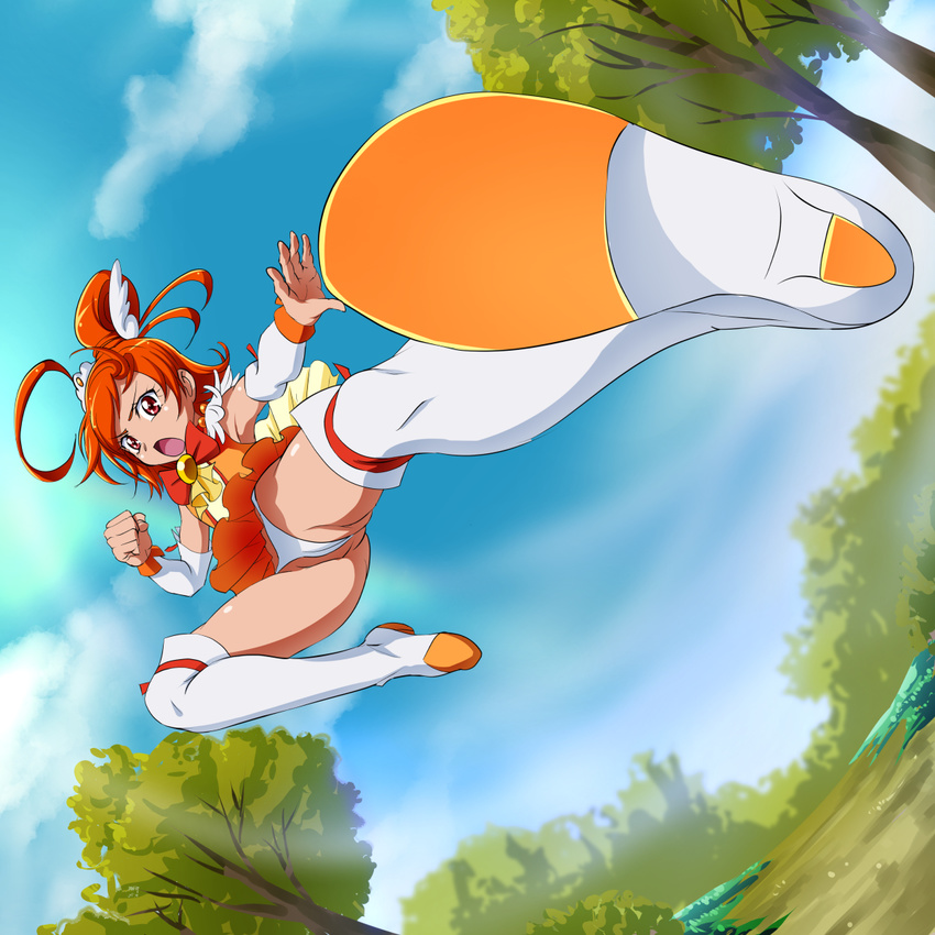 ahoge arm_warmers bad_id bad_pixiv_id boots cameltoe cloud cure_sunny day detached_sleeves fighting_stance fingerless_gloves foreshortening gloves hair_bun hair_ornament half_updo high_heels highres hino_akane_(smile_precure!) jewelry kicking knee_boots kneehighs looking_at_viewer magical_girl mont_blanc_(heartcatch_ayaya) open_mouth orange_eyes orange_hair orange_skirt panties precure ribbon serious shirt short_hair skirt sky smile_precure! solo tree underwear wrist_cuffs