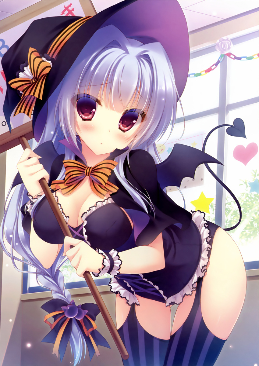 absurdres bent_over blue_hair blush braid breasts capelet cleavage costume demon_tail demon_wings dengeki_moeou frills garter_straps halloween hat highres large_breasts long_hair original purple_eyes scan solo striped striped_legwear tail thighhighs vertical-striped_legwear vertical_stripes very_long_hair wings witch_hat wrist_cuffs yukie_(peach_candy)
