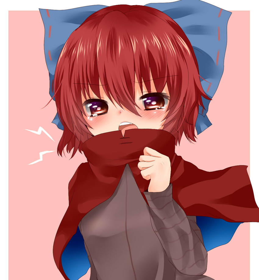 bad_id bad_pixiv_id blush bow cape fangs hair_bow highres koyashaka long_sleeves looking_at_viewer open_mouth pink_background red_eyes red_hair sekibanki shirt solo tears touhou upper_body