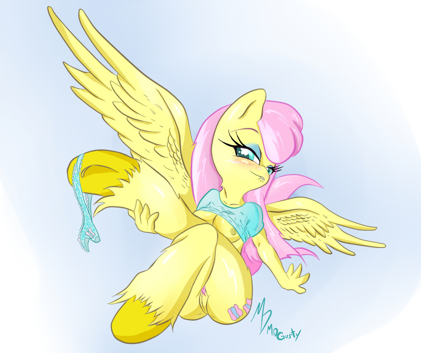anthrofied breasts cutie_mark equine feathers female fluttershy_(mlp) friendship_is_magic hair horse lingerie long_hair mammal mdgusty my_little_pony panties pegasus pink_hair pony presenting pussy simple_background solo underwear undressing wings