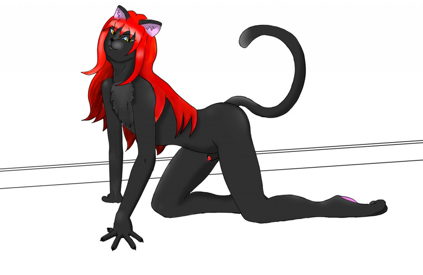 black_fur butt cat feline fur girly hair invalid_tag long_hair mammal nude pink_paw red_hair smile tygar_tiger yellow_eyes