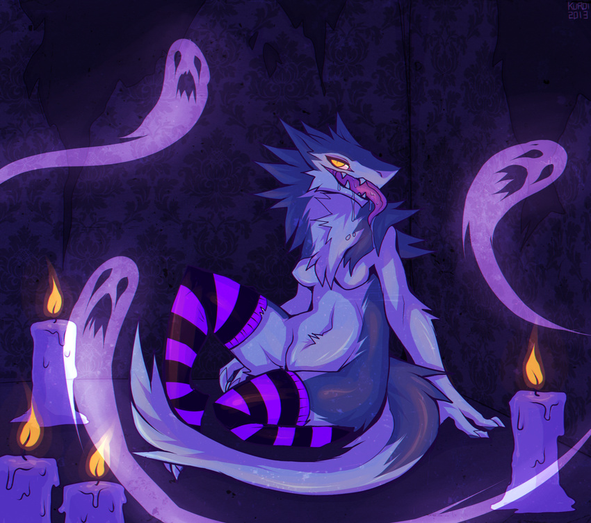 candle claws drooling fangs female fen_seiyu fire fur ghost glowy hair halloween holidays invalid_color kuroiii legwear open_mouth saliva sergal spirit stockings teeth tongue tongue_out yellow_eyes