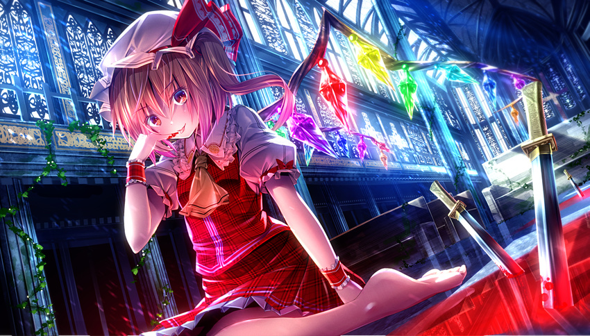 ascot barefoot blonde_hair blood church crystal flandre_scarlet frilled_skirt frills hat hat_ribbon indoors knife looking_at_viewer mob_cap pew plaid plaid_skirt plant ponytail puffy_sleeves red_eyes ribbon ryosios shirt short_hair short_sleeves side_ponytail sitting skirt skirt_set smile solo stained_glass tongue tongue_out touhou vest vines window wings wrist_cuffs