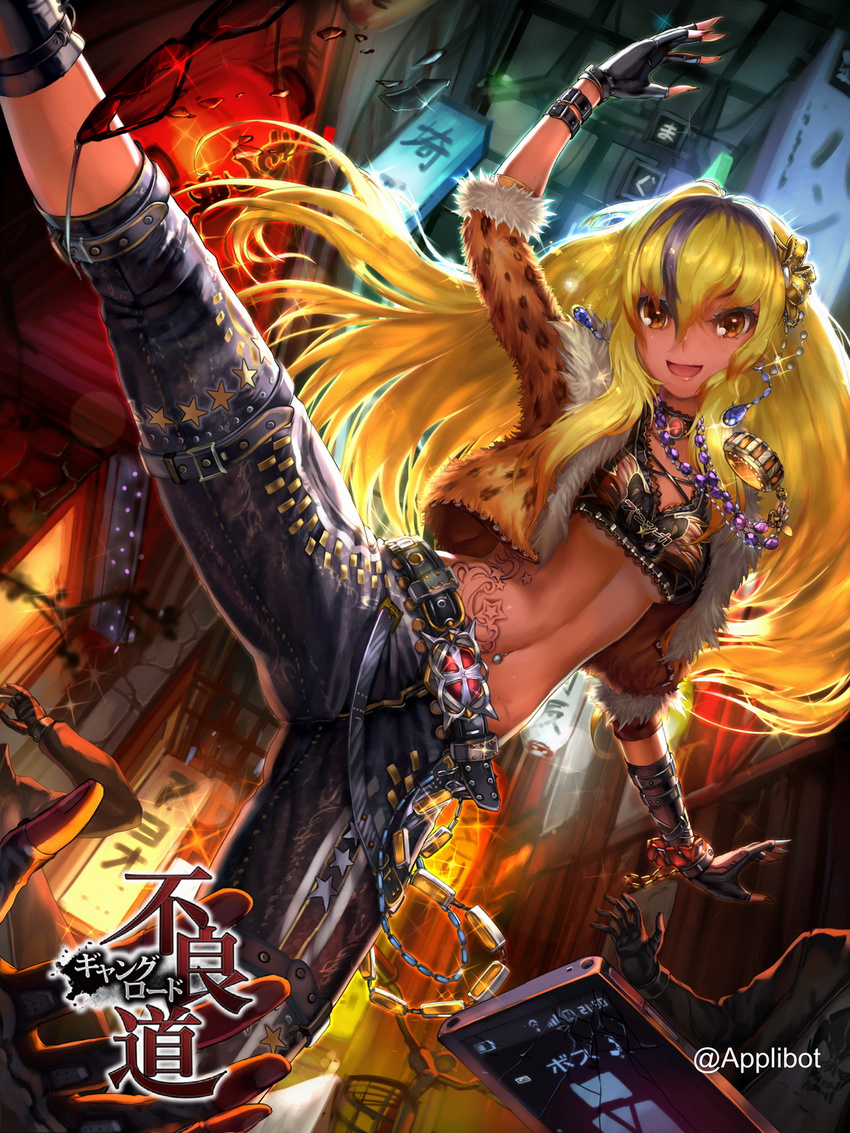 bad_id bad_pixiv_id blonde_hair cellphone cellphone_camera fingerless_gloves furyou_michi_~gang_road~ gloves highres kicking long_hair midriff multicolored_hair observerz phone solo tattoo two-tone_hair yellow_eyes