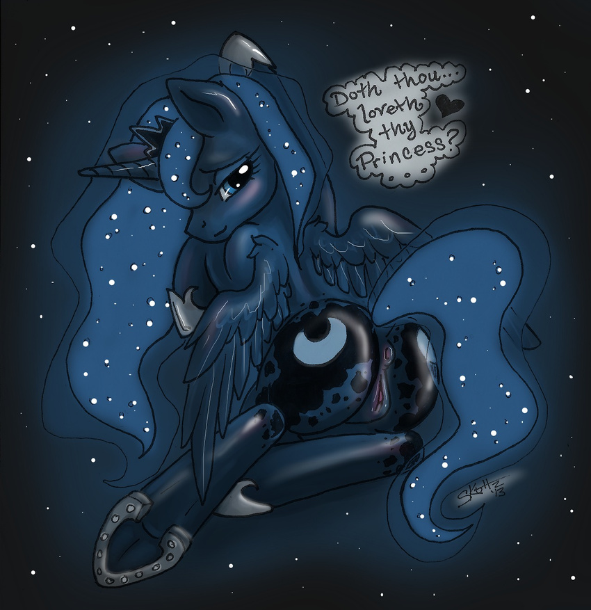 &lt;3 anus blue_eyes blue_fur blue_hair butt crown cutie_mark dialog english_text equine female feral friendship_is_magic fur hair half-closed_eyes hooves horn horse looking_at_viewer mammal my_little_pony princess_luna_(mlp) pussy skuttz solo text winged_unicorn wings