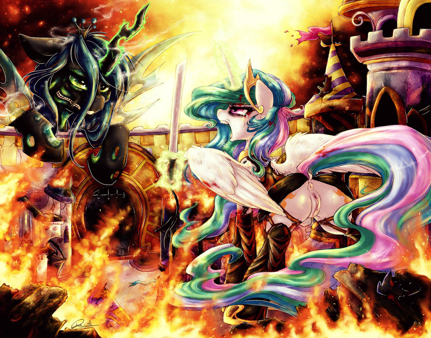 absurd_res anus black_body blood blue_hair building changeling crown cutie_mark dimwitdog duo equine female feral friendship_is_magic fur green_eyes hair hi_res horn horse magic mammal multi-colored_hair my_little_pony pony princess_celestia_(mlp) purple_eyes pussy queen_chrysalis_(mlp) solo sword tears weapon white_fur winged_unicorn wings