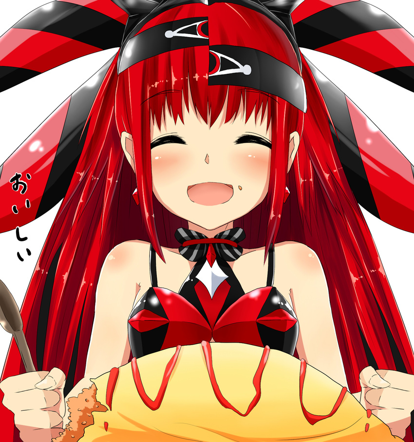 aka_no_ripika bare_shoulders beatmania beatmania_iidx bemani blush body_blush closed_eyes earrings eating food food_on_face hair_ornament happy hat highres jewelry long_hair omurice open_mouth red_hair rice rice_on_face smile solo spoon yamato_(muchuu_paradigm)