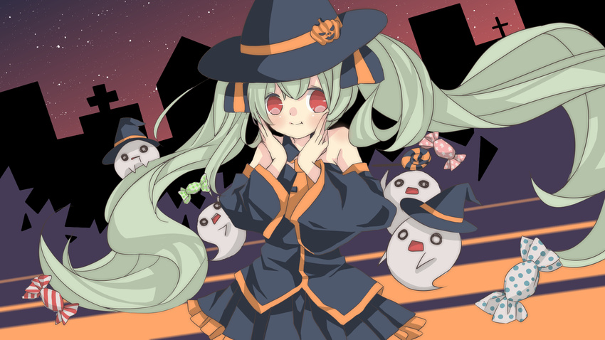 bad_id bad_pixiv_id candy cross detached_sleeves food ghost green_hair halloween hat hatsune_miku highres long_hair maccha_(hatsune) necktie night red_eyes skirt twintails very_long_hair vocaloid witch_hat