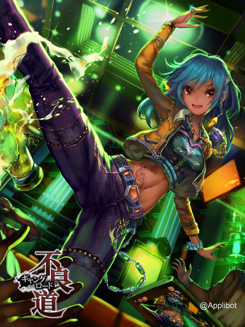 bad_id bad_pixiv_id blue_hair cellphone cellphone_camera furyou_michi_~gang_road~ highres kicking midriff observerz phone red_eyes short_hair solo tattoo