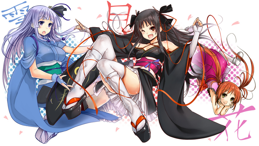 :d black_hair blush bow child chin_rest clog_sandals dress fingerless_gloves gloves hair_bobbles hair_bow hair_ornament hair_ribbon hands_on_own_face heart highres hime_cut irori_(machine-doll) japanese_clothes kawakami_masaki kimono komurasaki long_hair machine-doll_wa_kizutsukanai multiple_girls obi one_eye_closed open_mouth orange_eyes orange_hair platform_footwear pointing polka_dot polka_dot_background purple_eyes purple_hair ribbon sandals sash shoes short_kimono short_yukata smile socks thighhighs twintails white_background white_legwear yaya_(machine-doll) yellow_eyes yukata