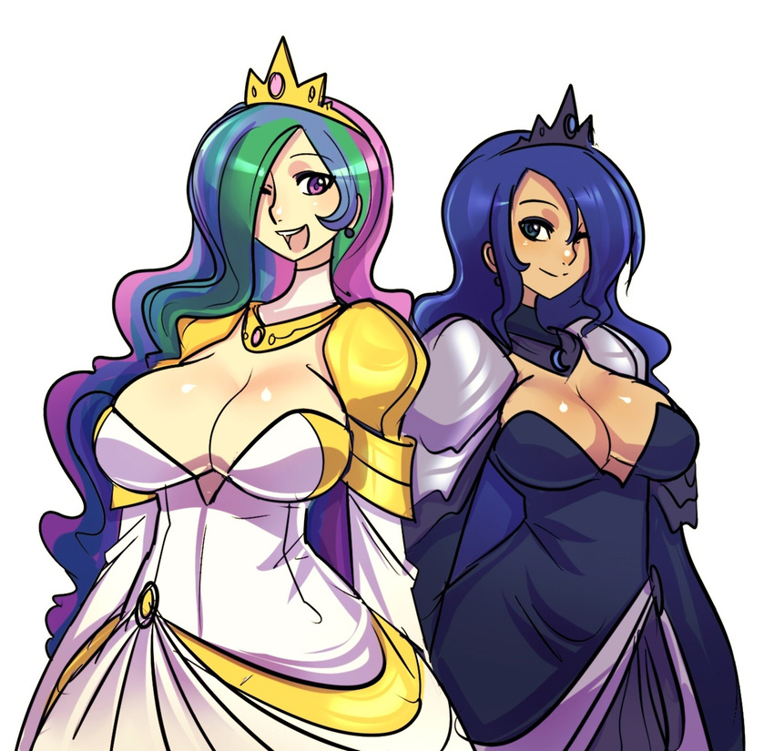 absurd_res big_breasts blue_eyes blue_hair breasts cleavage female friendship_is_magic green_hair hair hi_res human humanized long_hair maniacpaint multi-colored_hair my_little_pony not_furry princess princess_celestia_(mlp) princess_luna_(mlp) purple_hair royalty smile tiara