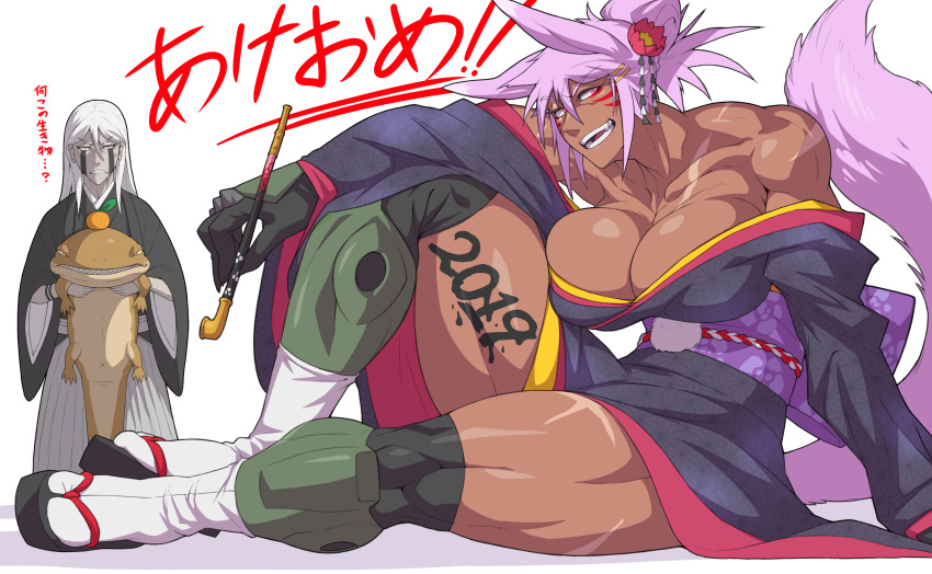 2019 ambiguous_gender amphibian animal_humanoid athletic big_breasts breasts brown_skin canine canine_humanoid cleavage clothed clothing cybernetics cyborg dantera_rina dipstick_ears face_paint facial_scar female feral footwear group hair hakama holding_object holidays huge_breasts human humanoid hutago japanese_clothing japanese_text kimono kiseru legwear long_hair machine male mammal new_year open_mouth pink_eyes pink_hair ponytail salamander sandals scar sitting slit_pupils socks teeth text thick_thighs translation_request white_hair wolf_humanoid zori