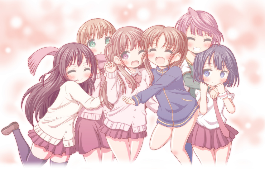 :d :o ^_^ achiga_school_uniform akado_harue atarashi_ako bare_legs black_hair blue_eyes blush bottomless brown_hair closed_eyes green_eyes group_picture highres jacket long_sleeves matsumi_kuro matsumi_yuu multiple_girls naked_track_jacket necktie no_panties no_pants open_mouth osaji0909 red_eyes red_hair sagimori_arata saki saki_achiga-hen scarf school_uniform skirt smile takakamo_shizuno thighhighs track_jacket