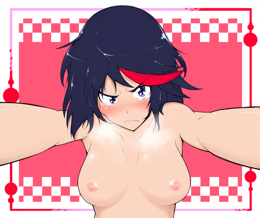 black_hair blue_eyes blush breasts breath foreshortening frown highres kill_la_kill kuma_(6472) looking_at_viewer matoi_ryuuko medium_breasts multicolored_hair nipples nose_blush nude red_background red_hair short_hair solo tears two-tone_hair upper_body