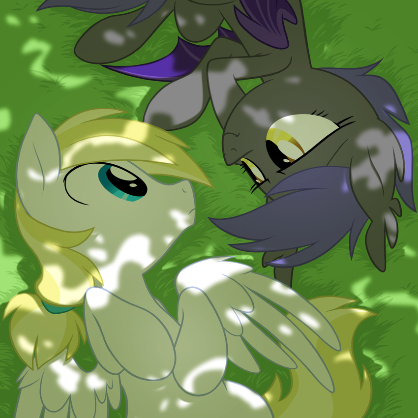 bat_wings blonde_hair blue_eyes cloud_skipper_(mlp) duo equestria-prevails equine eye_contact female feral friendship_is_magic grass hair horse long_hair lying male mammal midnight_blossom_(mlp) my_little_pony pegasus pony royal_guard_(mlp) shadow smile wings yellow_eyes