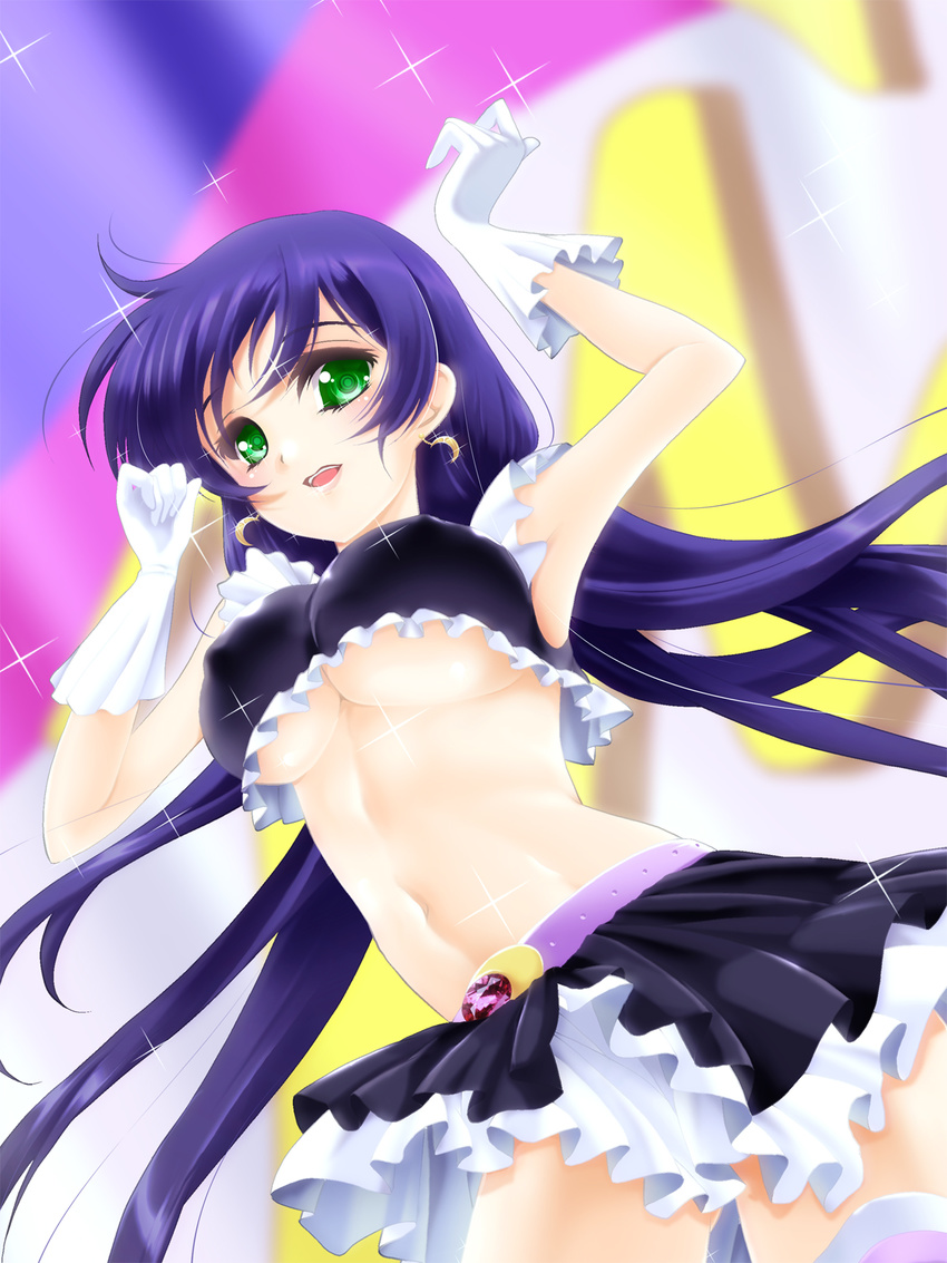 armpits blush breasts covered_nipples earrings frapowa gloves green_eyes highres jewelry large_breasts long_hair looking_at_viewer love_live! love_live!_school_idol_project midriff navel no_brand_girls parted_lips purple_hair smile solo toujou_nozomi underboob very_long_hair