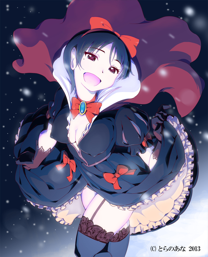 blue_hair blush bow breasts brown_eyes covered_nipples curtsey garter_straps gem gloves hair_bow harem_gain highres jewelry large_breasts mole official_art open_mouth pendant puff_and_slash_sleeves puffy_sleeves smile snow solo thighhighs watermark zasha