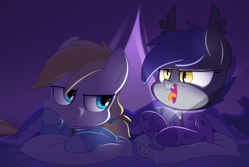 bed blonde_hair blue_eyes bored cloud_skipper_(mlp) duo equestria-prevails equine female feral flashlight friendship_is_magic hair hi_res horse long_hair male mammal midnight_blossom_(mlp) my_little_pony open_mouth pajamas pegasus pillow pony slit_pupils wings yellow_eyes young