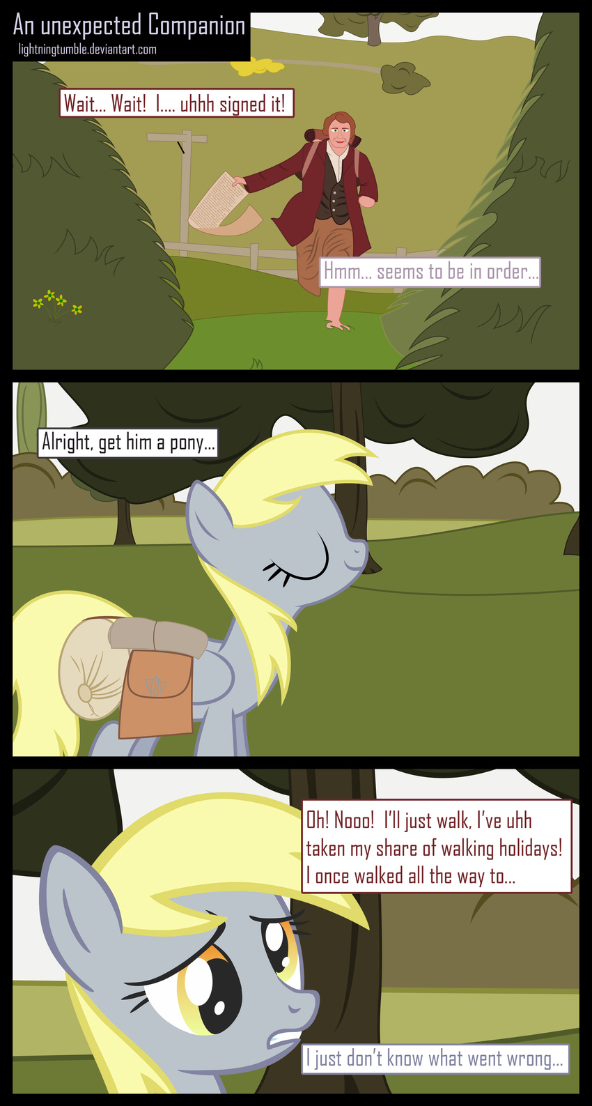 backpack bilbo_baggins blonde_hair clothed clothing comic crossover derp_eyes derpy_hooves_(mlp) english_text equine eyes_closed female feral friendship_is_magic fur grass grey_fur hair hobbit horse j._r._r._tolkien lightningtumble long_hair looking_at_viewer lord_of_the_rings male mammal my_little_pony open_mouth outside paper pegasus pony smile text the_hobbit tree wings yellow_eyes