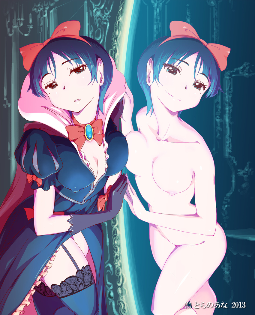 against_wall blue_hair bow breasts brown_eyes covered_nipples different_reflection dress dual_persona garter_straps gem gloves hair_bow harem_gain highres jewelry medium_breasts mirror mole nipples nude official_art parted_lips pendant puff_and_slash_sleeves puffy_sleeves reflection smile thighhighs watermark zasha