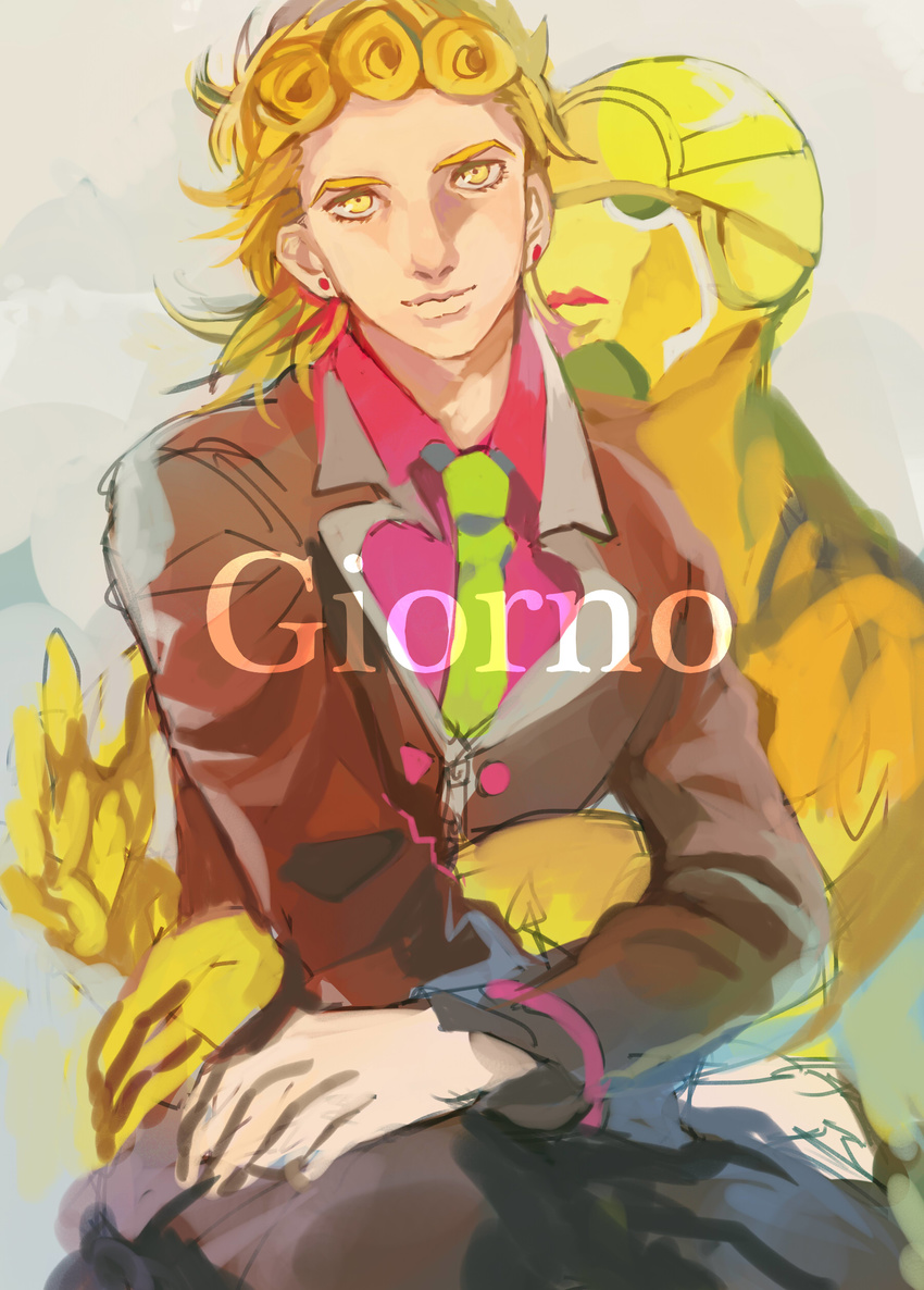 absurdres bad_id bad_pixiv_id blonde_hair formal giorno_giovanna gold_experience highres jojo_no_kimyou_na_bouken multiple_boys necktie stand_(jojo) suit tooru_fuyuse yellow_eyes