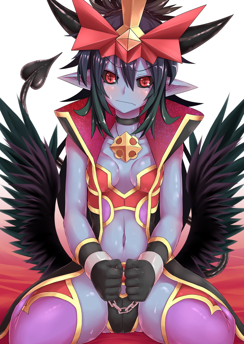 bad_id bad_pixiv_id bare_shoulders black_gloves black_sclera black_wings blue_hair blue_skin choker collarbone cuffs demon_girl demon_tail frown gloves head_tilt highres horns jewelry juugoya_(zyugoya) long_hair low_wings mephisto_pheles_(shinrabanshou) midriff navel necklace pendant pointy_ears red_eyes restrained shinrabanshou sitting solo sweat tail thighhighs thighs very_long_hair wariza wings