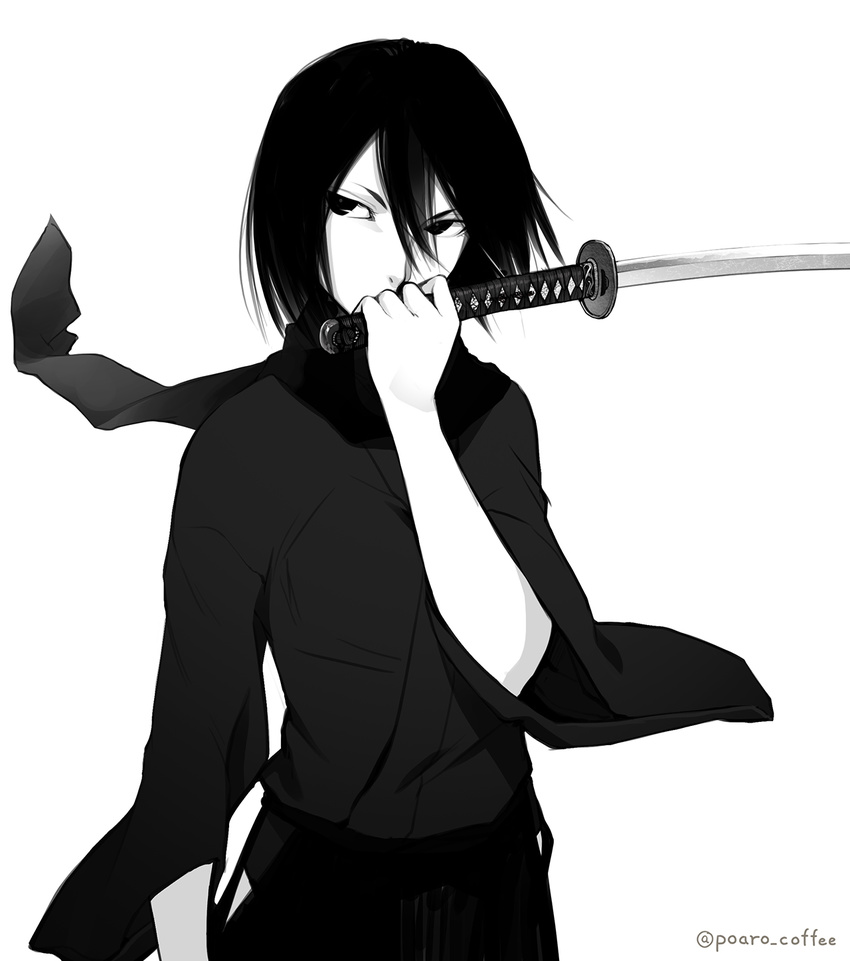 alternate_costume greyscale hair_between_eyes hand_to_own_mouth highres katana looking_to_the_side mikasa_ackerman monochrome poaro scarf shingeki_no_kyojin short_hair solo sword twitter_username weapon white_background