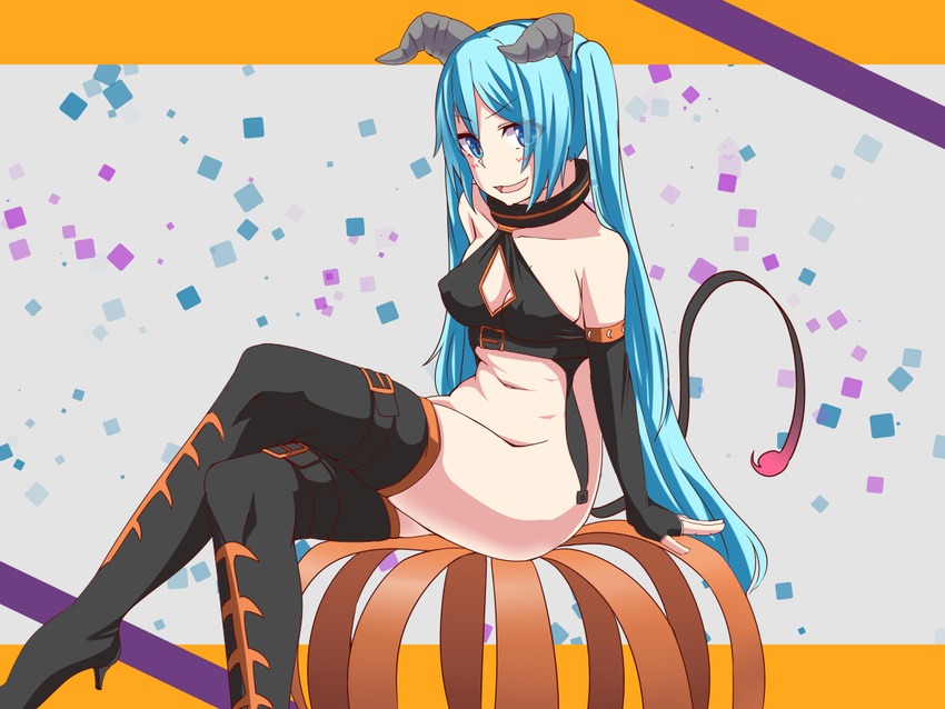 bad_id bad_pixiv_id blue_eyes blue_hair boots bottomless elbow_gloves fingerless_gloves gloves hatsune_miku horns jaku_denpa long_hair open_mouth sitting solo thigh_boots thighhighs twintails very_long_hair vocaloid