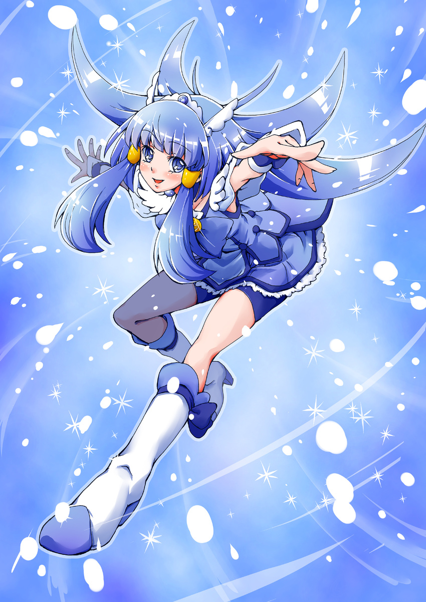 aoki_reika bike_shorts blue_eyes blue_hair blue_skirt boots choker cure_beauty hair_tubes head_wings highres kemono_takahagi knee_boots long_hair magical_girl open_mouth precure shorts shorts_under_skirt skirt smile smile_precure! snow snowing solo tiara wrist_cuffs