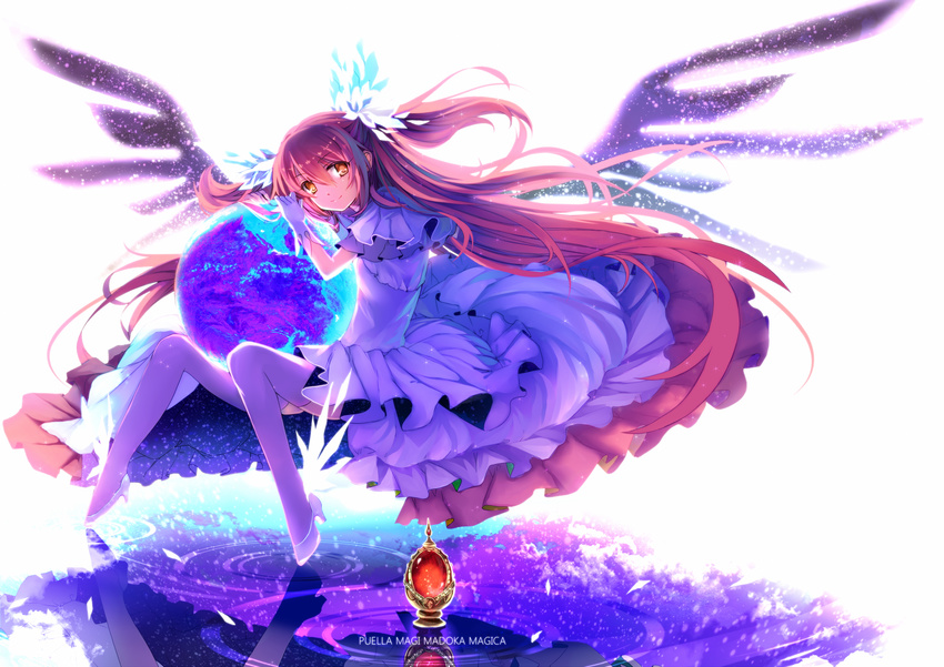 bow copyright_name dress earth gloves hair_bow highres kaname_madoka karlwolf long_hair magical_girl mahou_shoujo_madoka_magica md5_mismatch pink_hair solo soul_gem spoilers two_side_up ultimate_madoka wings yellow_eyes