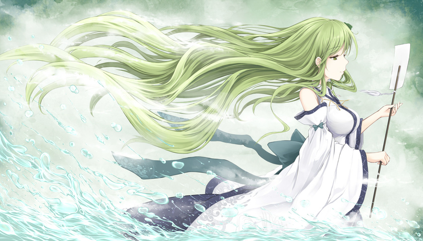 cloudy.r detached_sleeves fog frog gohei green_eyes green_hair hair_ornament highres holding jewelry kochiya_sanae long_hair necklace smile snake solo touhou very_long_hair water