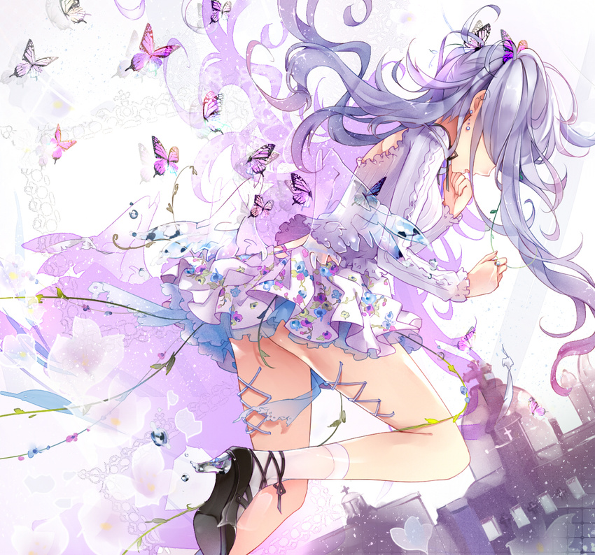 alternate_color blue_hair bug butterfly corset_piercing dutch_angle earrings floral_print hair_over_eyes hatsune_miku high_heels insect jewelry lavender_hair long_hair low_wings miniskirt piercing ribbed_sweater ribbon see-through silver_hair skirt socks solo sweater tukino_(panna) twintails vocaloid when_you_see_it wings