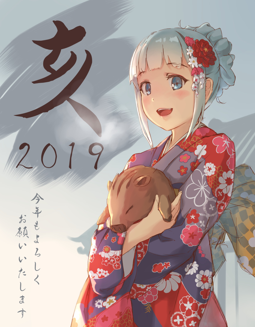 1girl :d absurdres animal back_bow bangs blue_eyes blue_hair blunt_bangs blush boar bow breath chinese_zodiac commentary_request floral_print flower foge hair_flower hair_ornament highres holding holding_animal japanese_clothes kimono long_sleeves looking_away open_mouth original print_kimono purple_kimono red_flower short_hair sidelocks smile solo tareme translation_request upper_body upper_teeth wide_sleeves year_of_the_pig