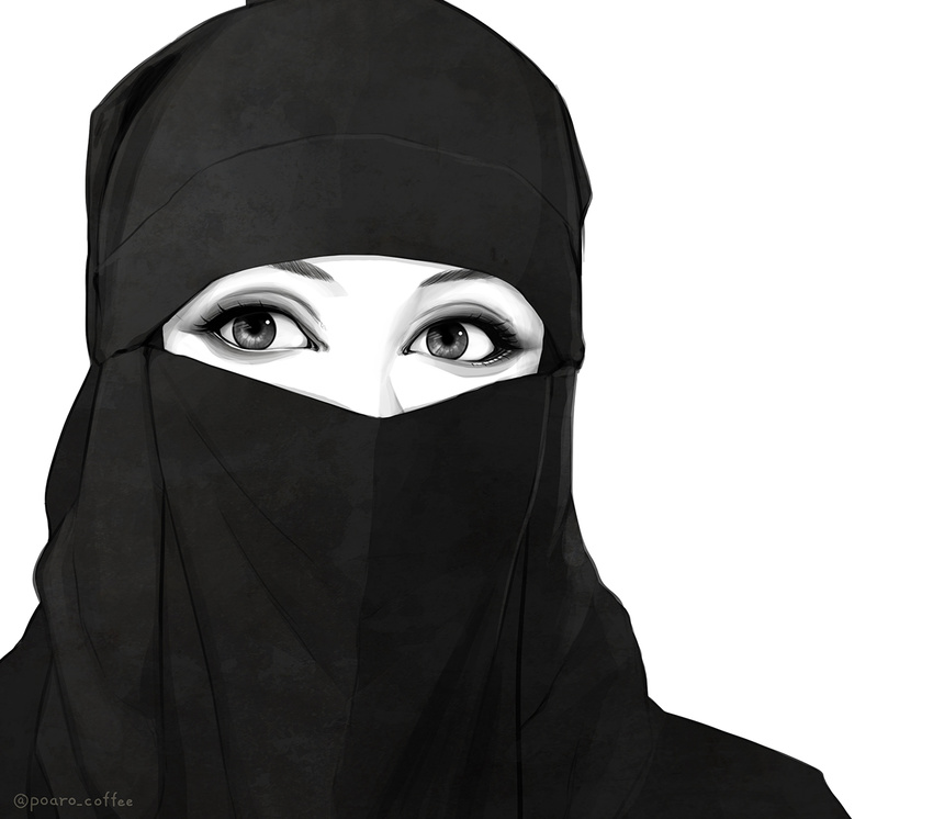 eyebrows eyelashes eyes greyscale headwear hijab monochrome muslim niqab original patterned poaro simple_background solo twitter_username veil white_background