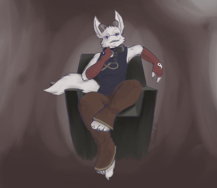 alien anthro chain chair claws clothed clothing collar fur gloves hair horn jaggard looking_at_viewer male packmind pose purple_eyes sitting solo stinger throne toe_claws white_fur