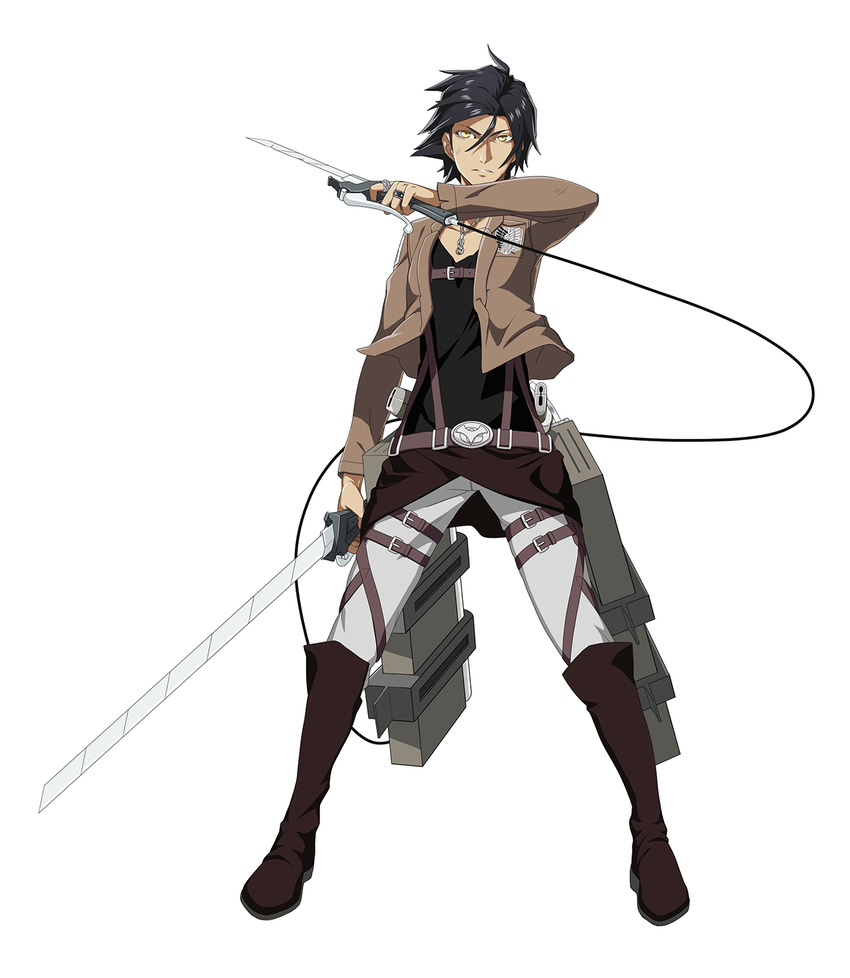 belt belt_buckle black_hair black_shirt boots buckle chain_necklace character_request coat commentary_request emblem hair_between_eyes highres holding holding_sword holding_weapon jewelry male_focus pants paradis_military_uniform poaro ring shingeki_no_kyojin shirt solo survey_corps_(emblem) sword three-dimensional_maneuver_gear v-neck weapon yellow_eyes
